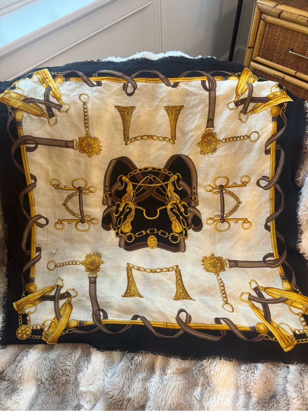 Larioseta Black and Gold Equestrian Print Wool Scarf made in Italy
